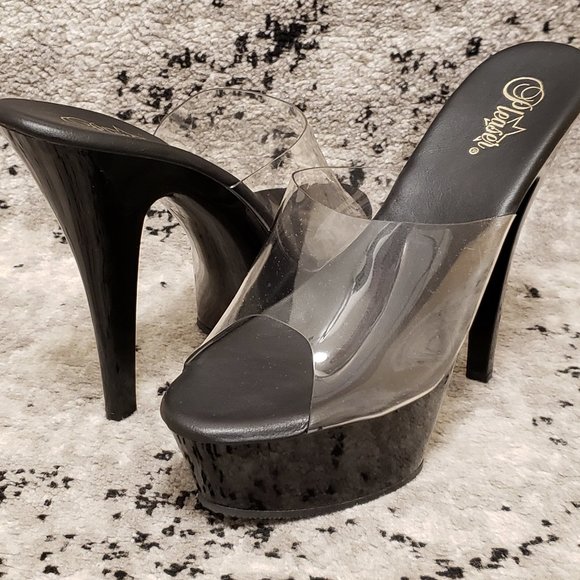 Pleaser Kiss-201 Black Gloss and Clear Exotic Mule Heels Size 13 / 12 - Picture 1 of 8